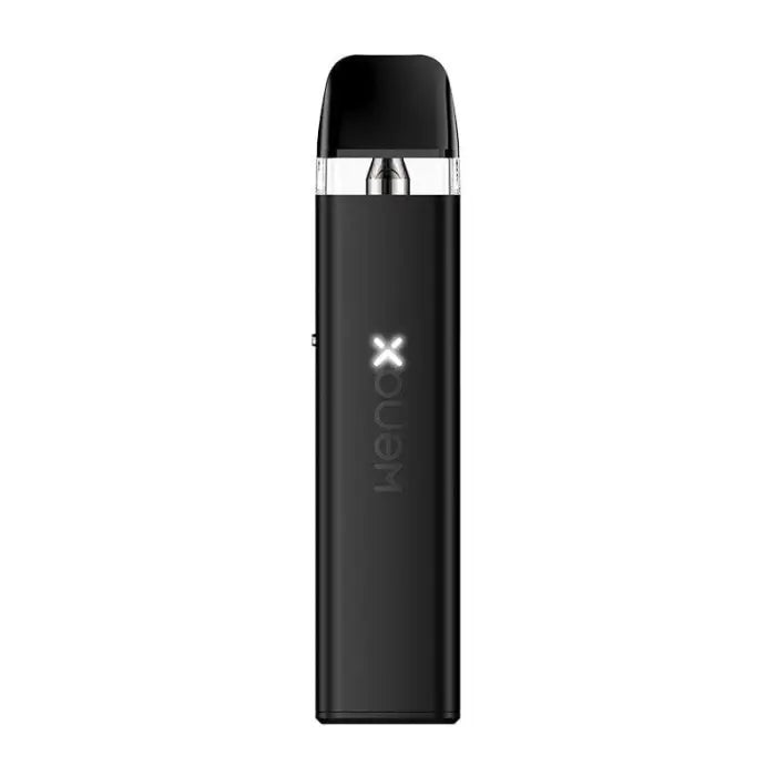 Sleek black electronic vaping device with a silver accent and ’X’ logo.