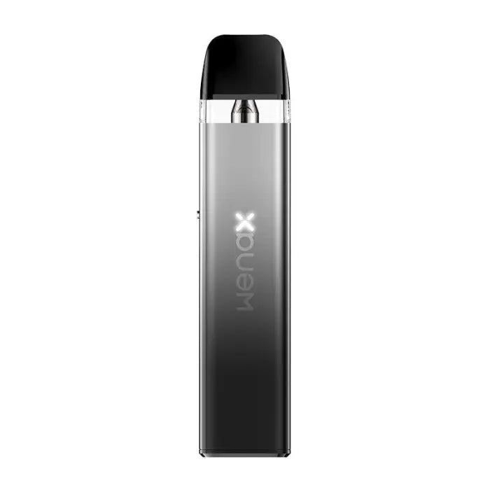 Sleek, cylindrical vape device with a gradient black and silver design, featuring the ’Xros’ branding.