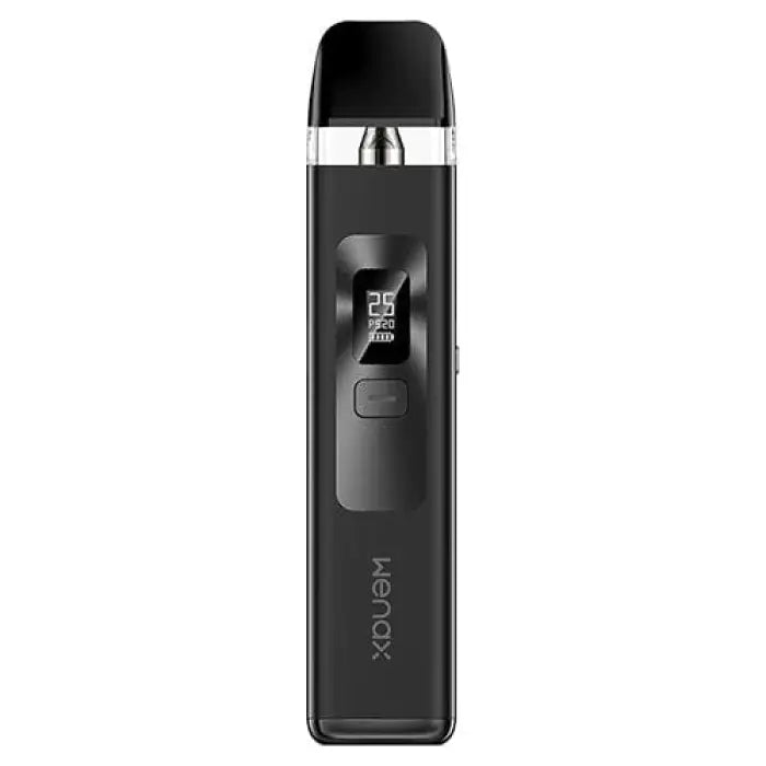 Sleek black electronic vaping device with a small digital display screen.