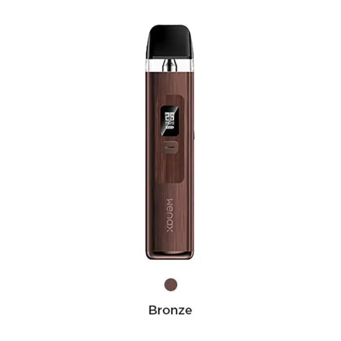 Sleek bronze-colored electronic vaping device with a digital display.