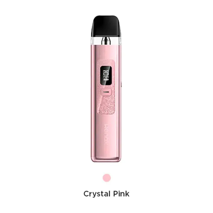 Sleek pink electronic vaping device with a digital display.