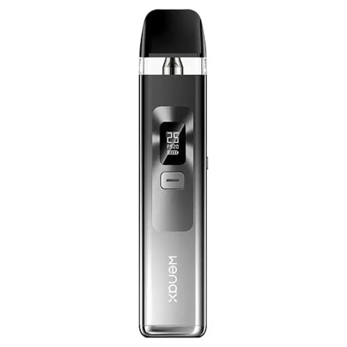 Electronic vaping device with a digital display and sleek metallic design.