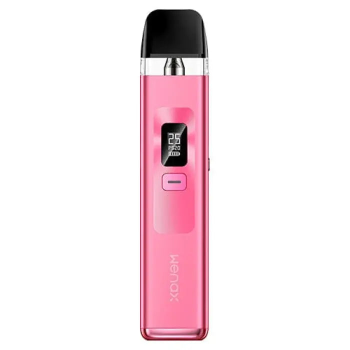 Pink electronic vaping device with a clear tank and black mouthpiece.