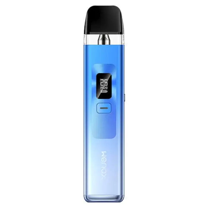 Electronic vaping device with a blue gradient body and small digital display.