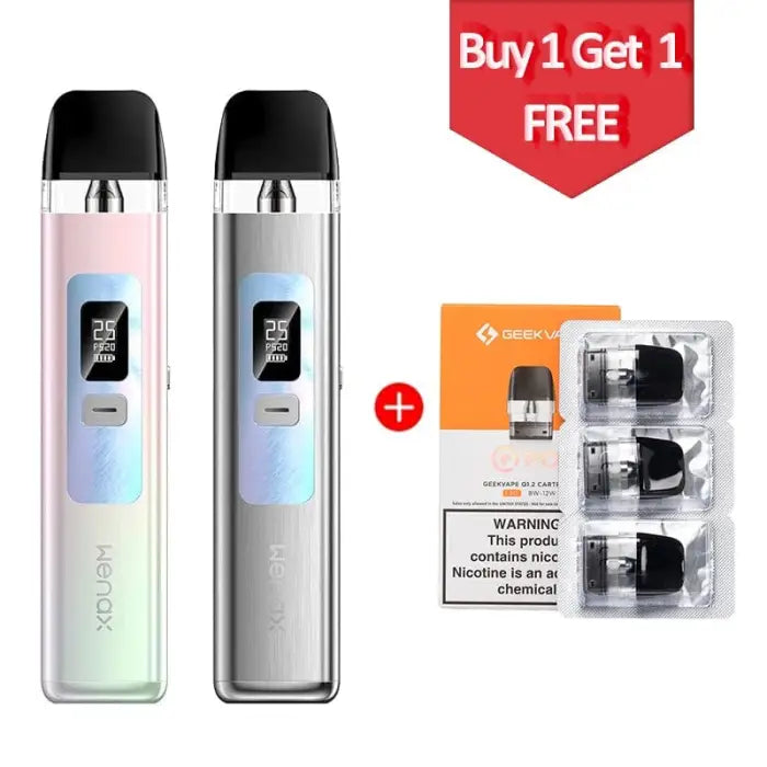 Electronic vaping devices with digital displays and a promotional offer for additional pods.