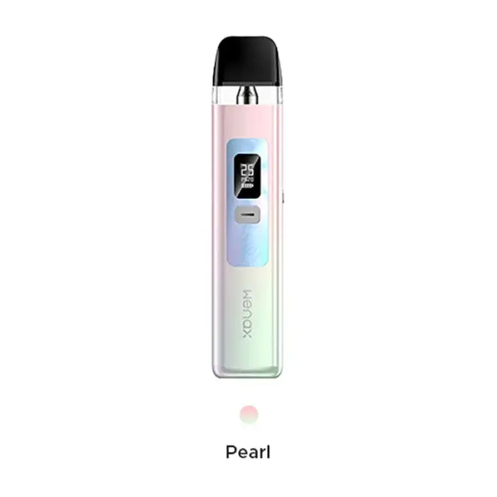 Sleek electronic vaping device with a pearlescent gradient finish and small digital display.