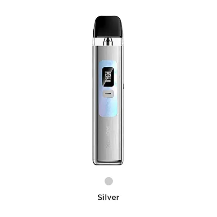 Sleek silver electronic vaping device with a small digital display screen.