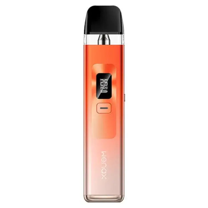 Electronic vaping device with an orange-to-clear gradient body and a digital display.