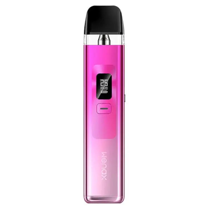 Pink electronic vaping device with a clear mouthpiece and digital display.