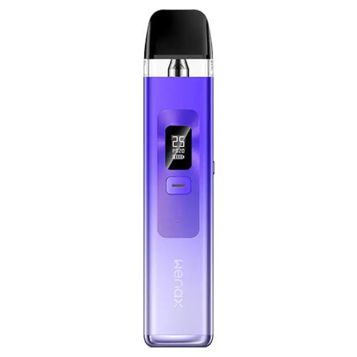 Electronic vaping device with a purple gradient body and digital display.