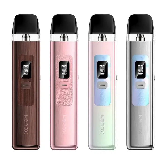 Four electronic vaping devices in different colors with digital displays.