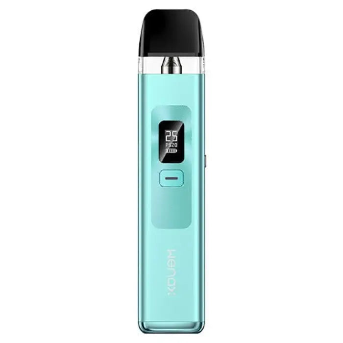 Teal-colored electronic vaping device with a digital display and transparent mouthpiece.