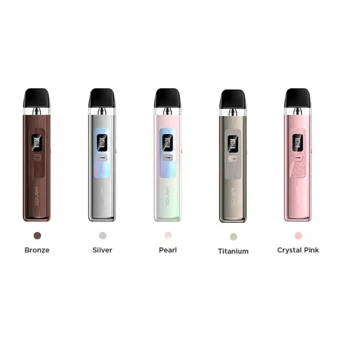 Electronic cigarettes or vaping devices in five different metallic color options.