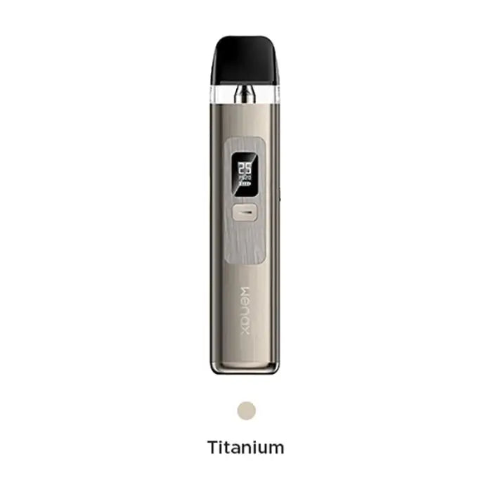 Sleek electronic vaping device with a digital display and metallic titanium finish.