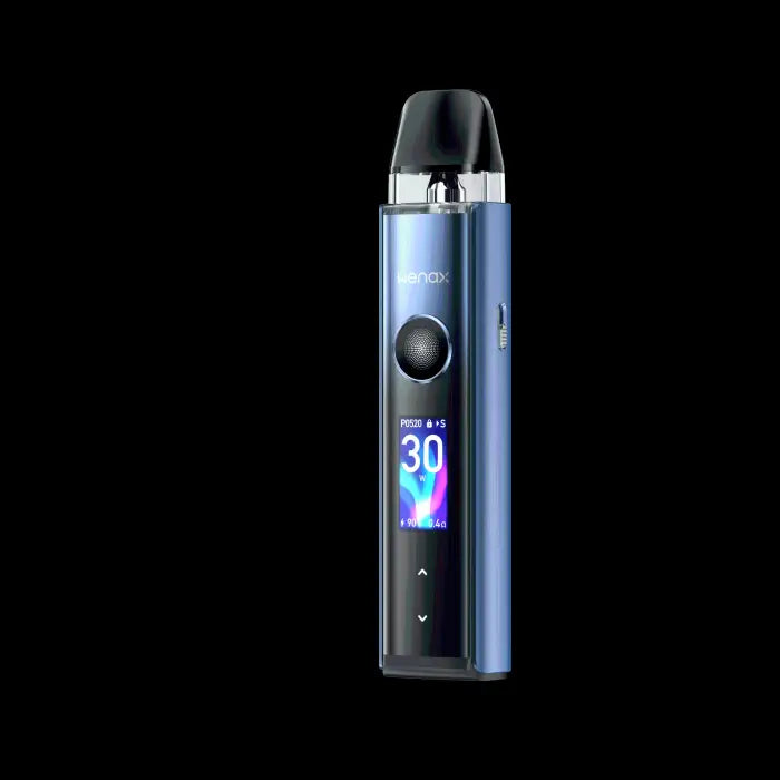 Sleek blue electronic vaping device with a digital display screen.