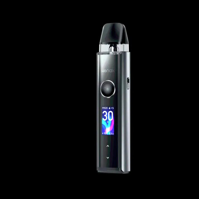 Electronic vaping device with a digital display showing ’30’’ in colorful numbers.