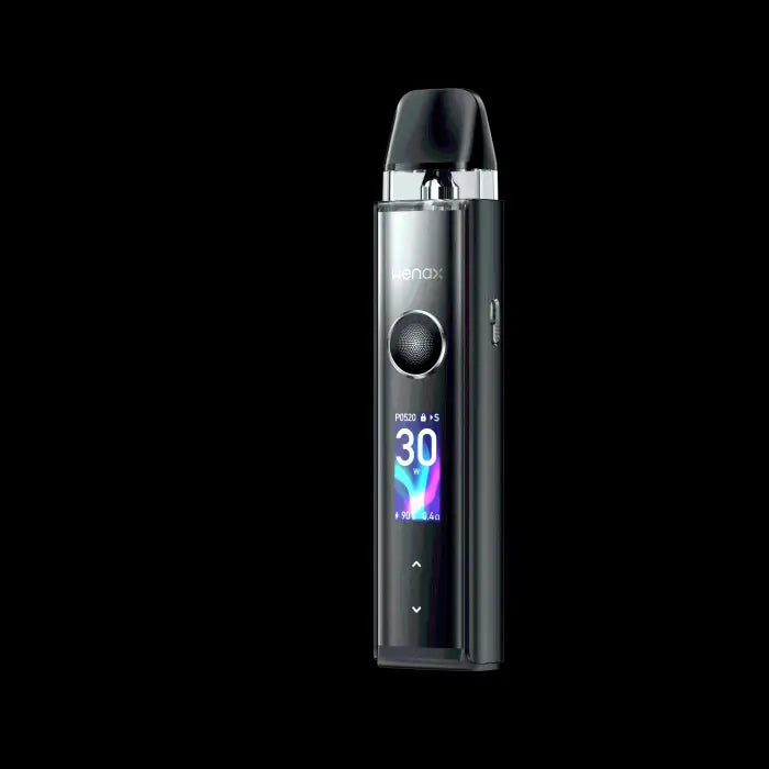 Electronic vaping device with a digital display and sleek metallic design.