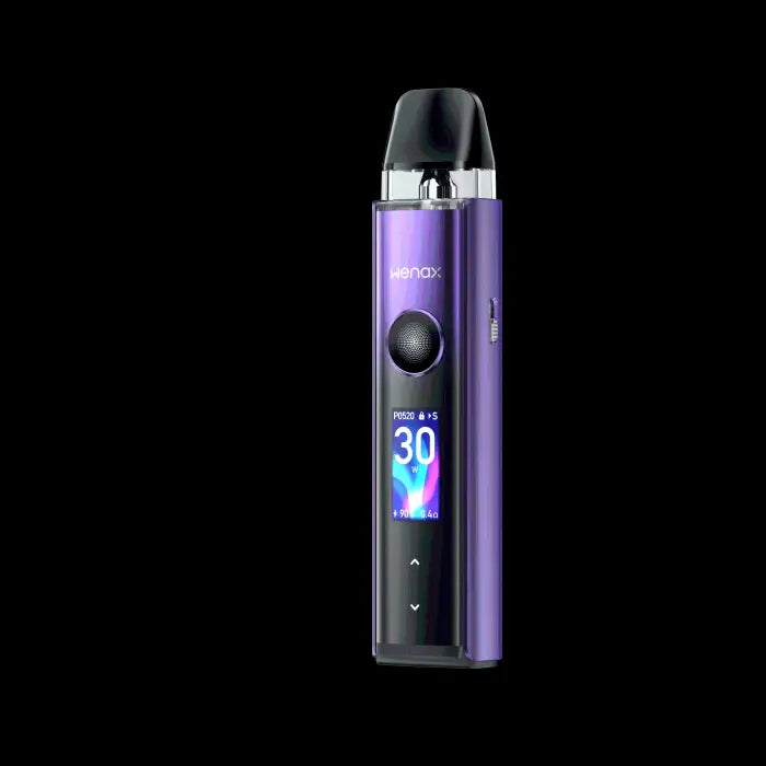 Purple and black electronic vaping device with a digital display screen.