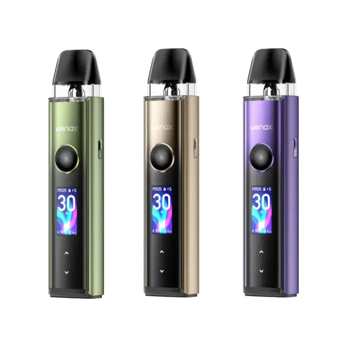 Three electronic vaping devices in different colors (green, gold, and purple) with digital displays.