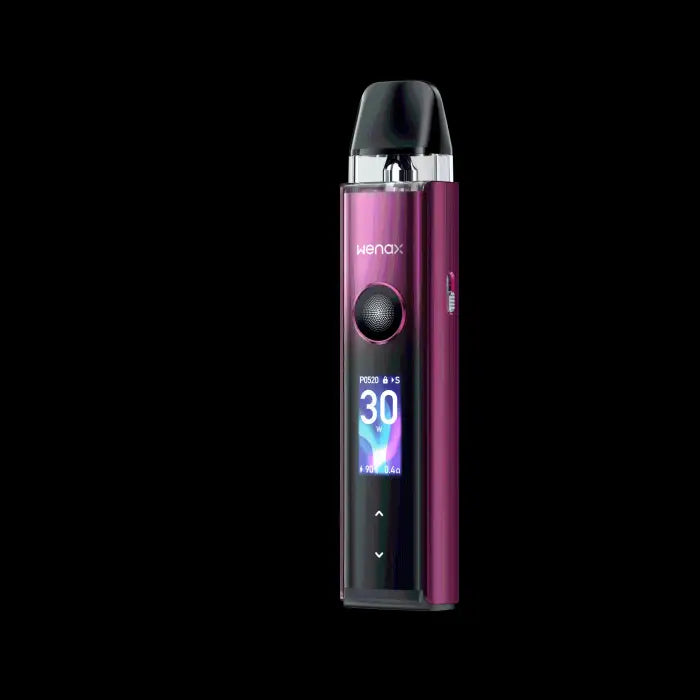 Purple electronic vaping device with a digital display screen.