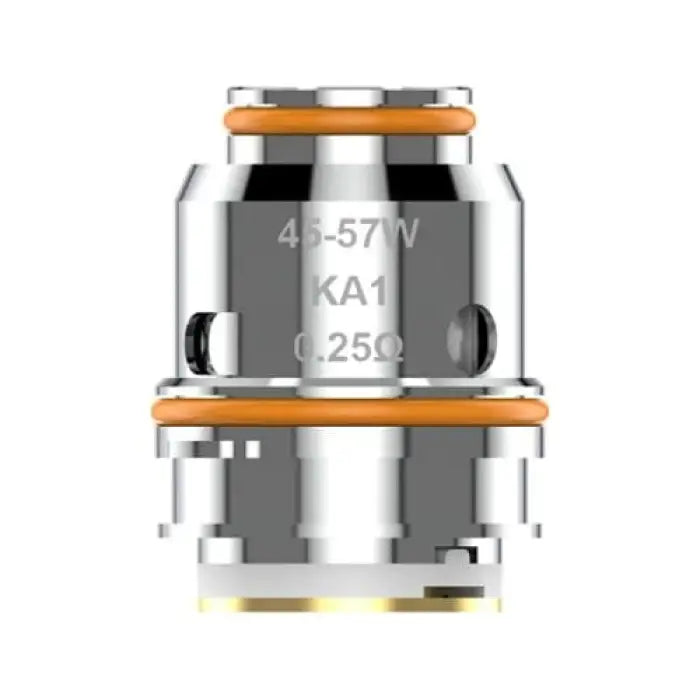 Cylindrical metal vaping coil with orange accents and numerical markings.