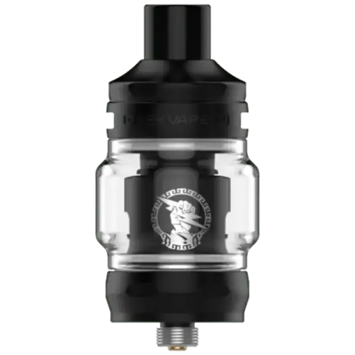 Vaping tank or atomizer with a glass section and a logo featuring a helmeted figure.