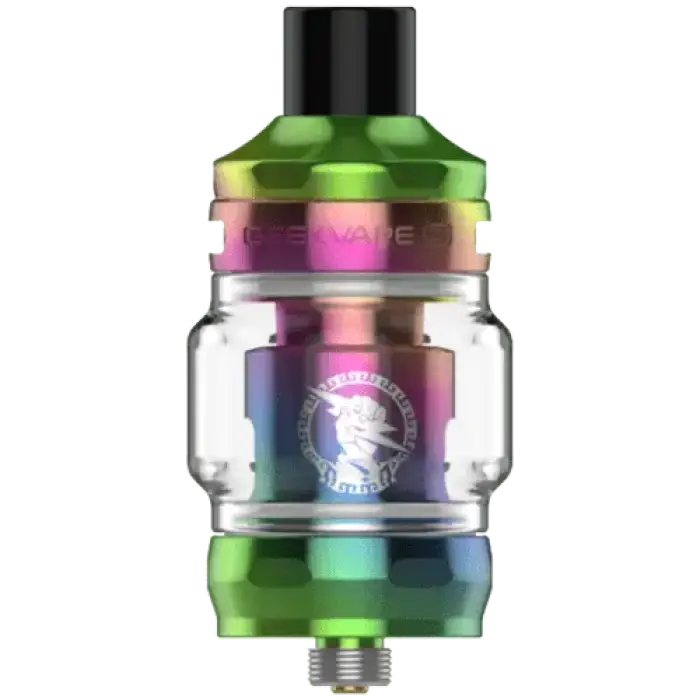 Colorful vaping tank or atomizer with a glass section and metallic components.