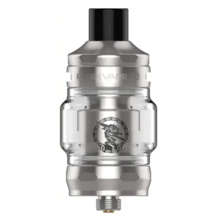 Silver-colored vaping tank or atomizer with a black top cap and an engraved logo.