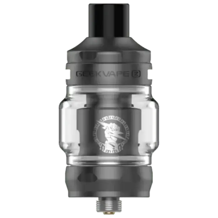 Vaping tank or atomizer with a glass section and metal components.