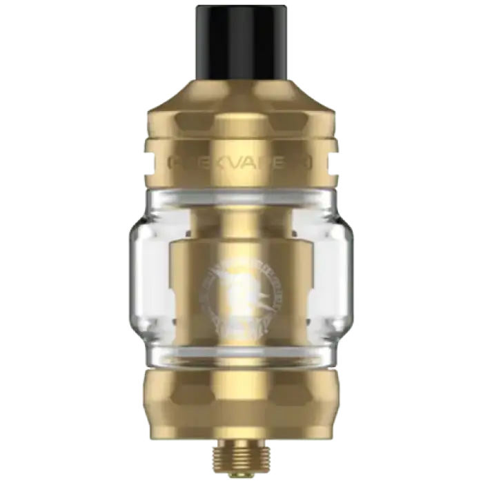 Gold and glass vaping tank or atomizer with a black top cap.