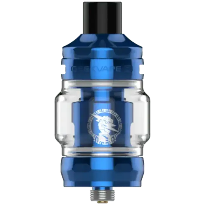 Blue and transparent vaping tank or atomizer with a dragon logo.