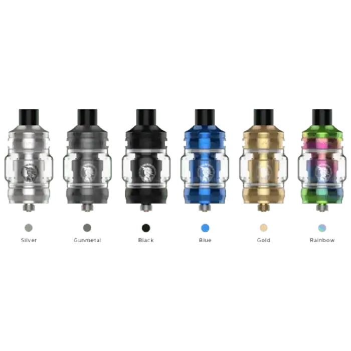 Row of vaping tanks or atomizers in different metallic colors.