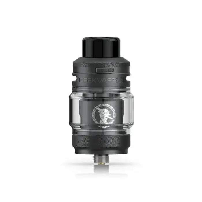 Vaping tank or atomizer with a glass section and metal components.