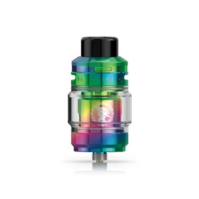 Colorful vaping tank or atomizer with a glass section and metallic components.