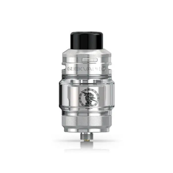 Silver-colored vaping tank or atomizer with a black top cap and engraved logo.