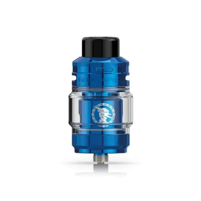 Blue and silver vaping tank or atomizer with a black top cap.