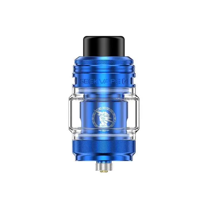 Blue and clear cylindrical vaping tank or atomizer with ’CERBERUS’ branding.