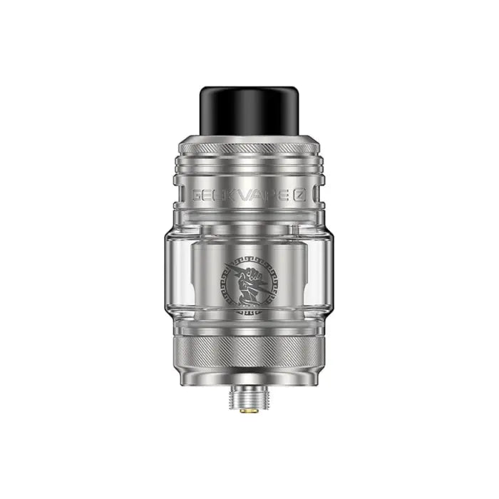 Metallic vaping tank or atomizer with a glass section and black drip tip.