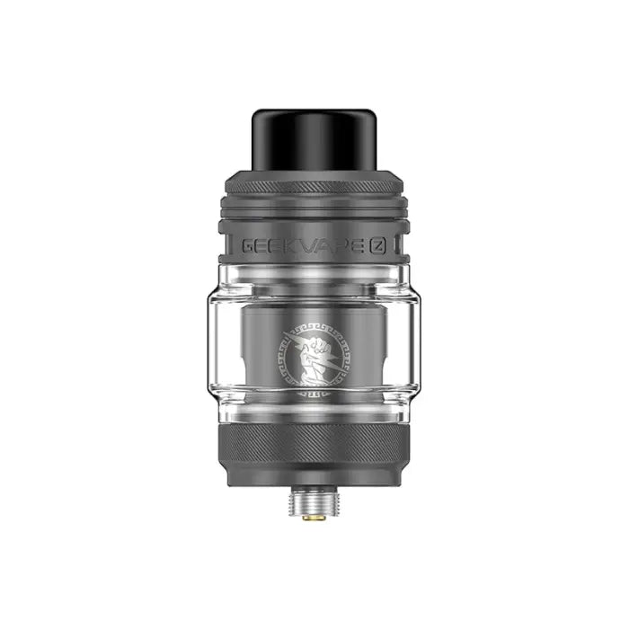 Cylindrical vaping tank or atomizer with a glass section and metal components.