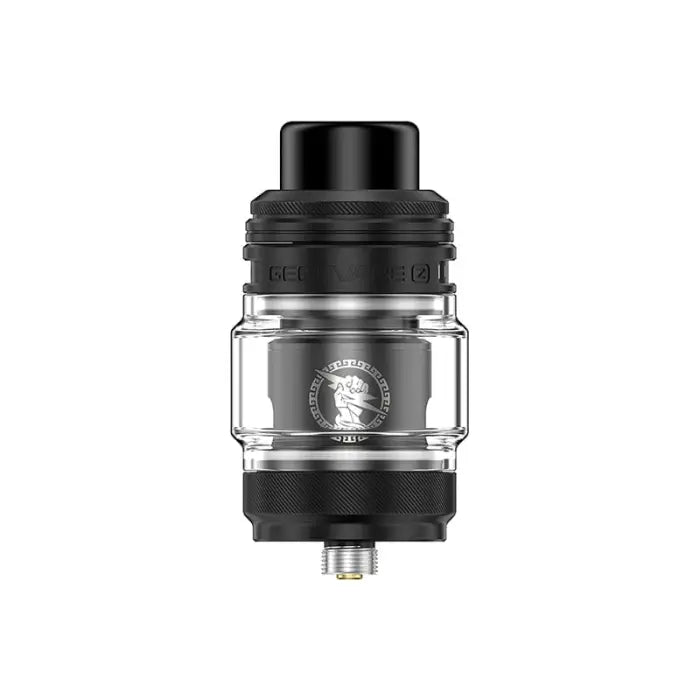 Vaping tank or atomizer with a glass section and black metal components.