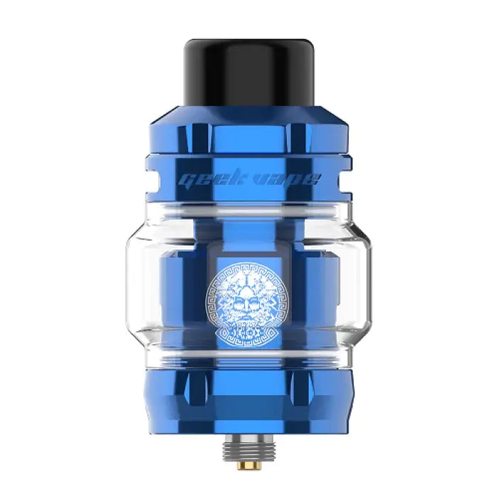 Blue and clear vaping tank or atomizer with a black top cap and a decorative logo.