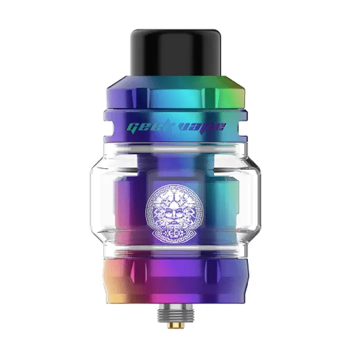 Colorful vaping tank or atomizer with a glass section and metallic rainbow finish.