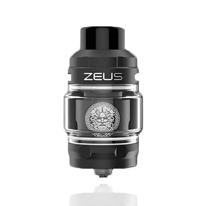 Black vaping tank with ’ZEUS’ branding and a decorative circular emblem.