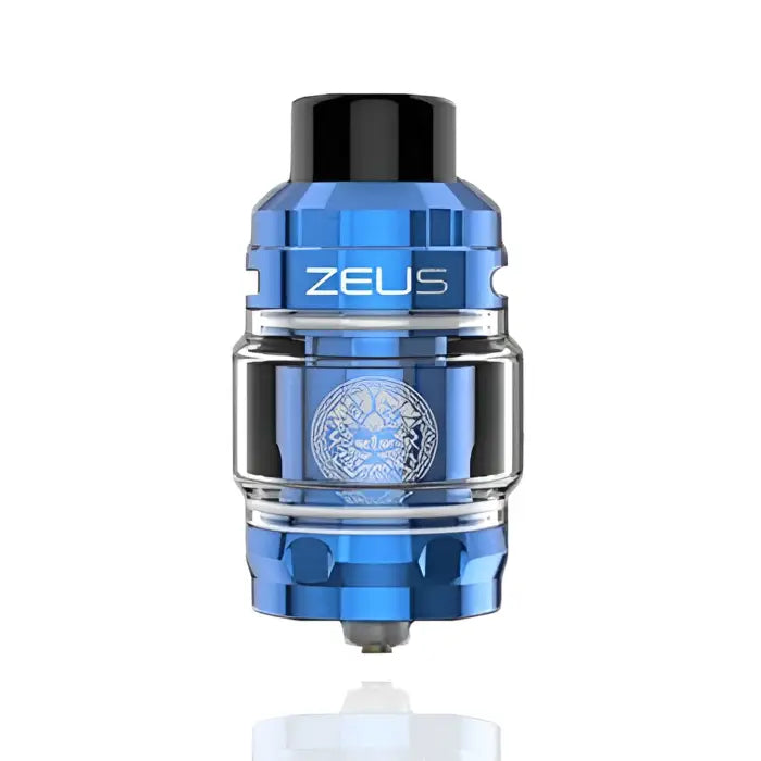 Blue and silver vaping tank or atomizer labeled ’ZEUS’ with a visible glass section.