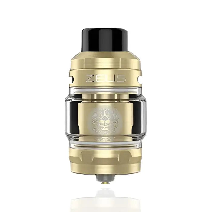 Gold and silver vaping tank or atomizer with a black top cap.