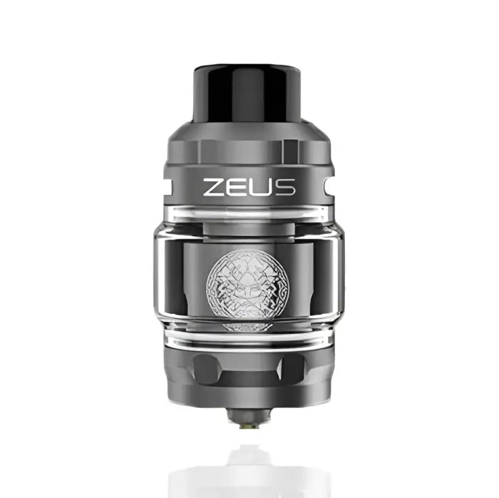 Metallic vaping tank or atomizer labeled ’ZEUS’ with a decorative emblem.