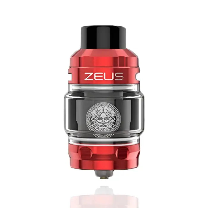 Red and black vaping tank or atomizer labeled ’ZEUS’ with a decorative emblem on the side.