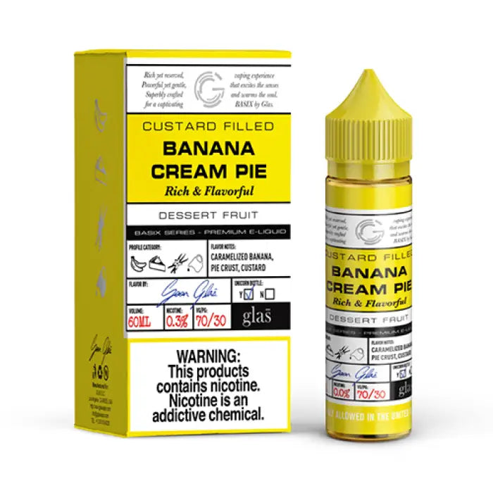 Bottle and packaging for custard-filled banana cream pie flavored e-liquid.