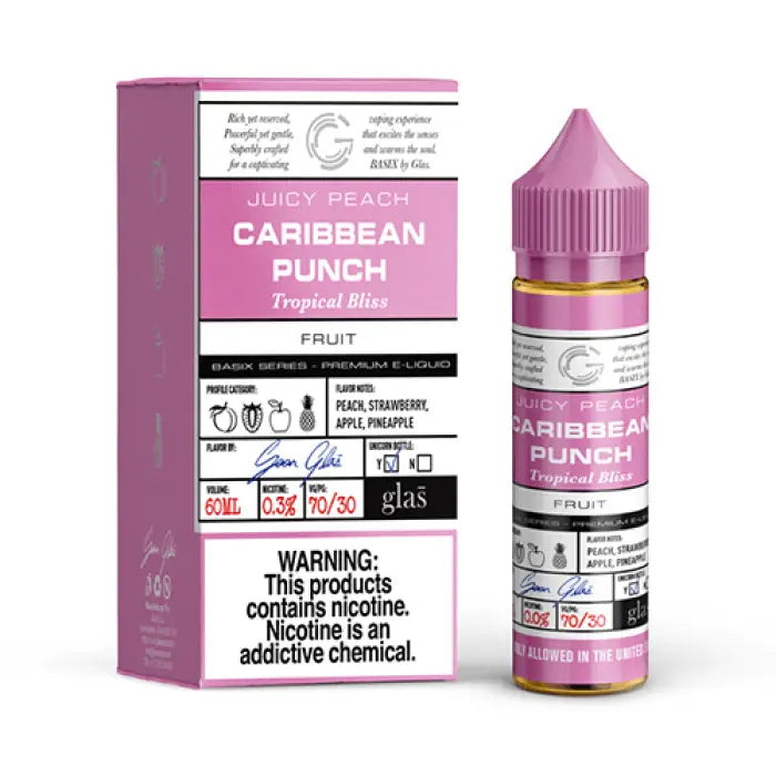 E-liquid bottle and packaging for Caribbean Punch flavored vape juice.