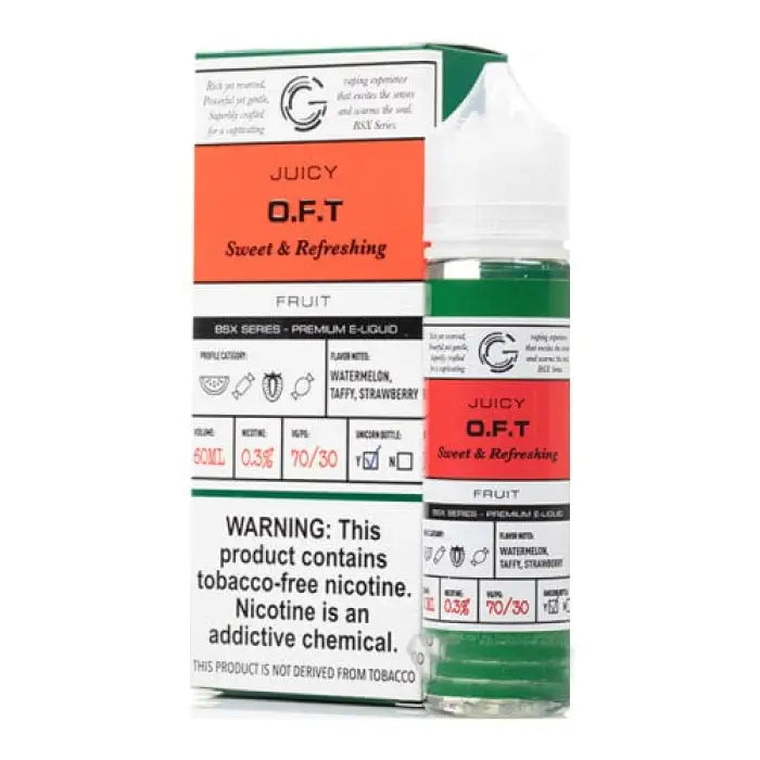 E-liquid bottle and packaging for a product called ’Juicy O.F.T’ in the fruit flavor category.